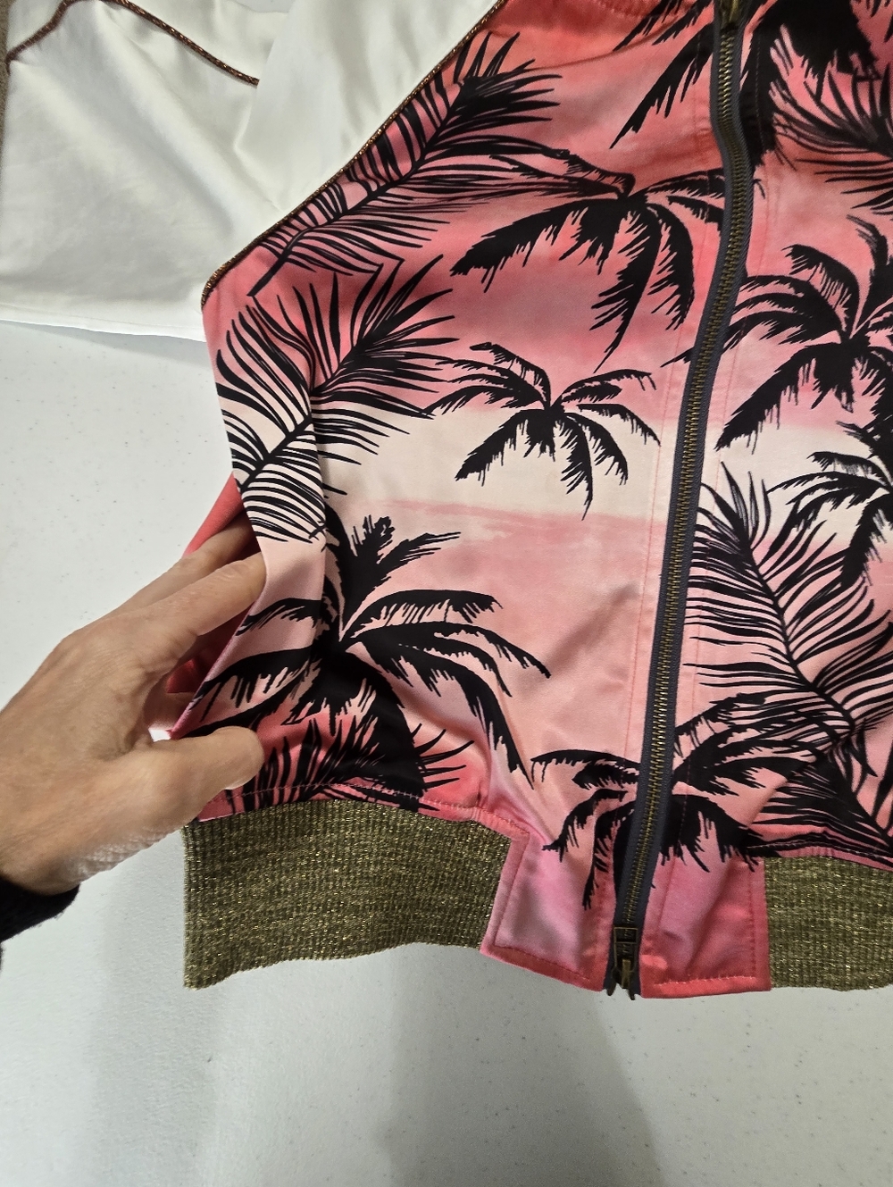 Pam & Gela Pink Black Palm Print Satin Bomber Jacket ASO Women's Small - Picture 5 of 11